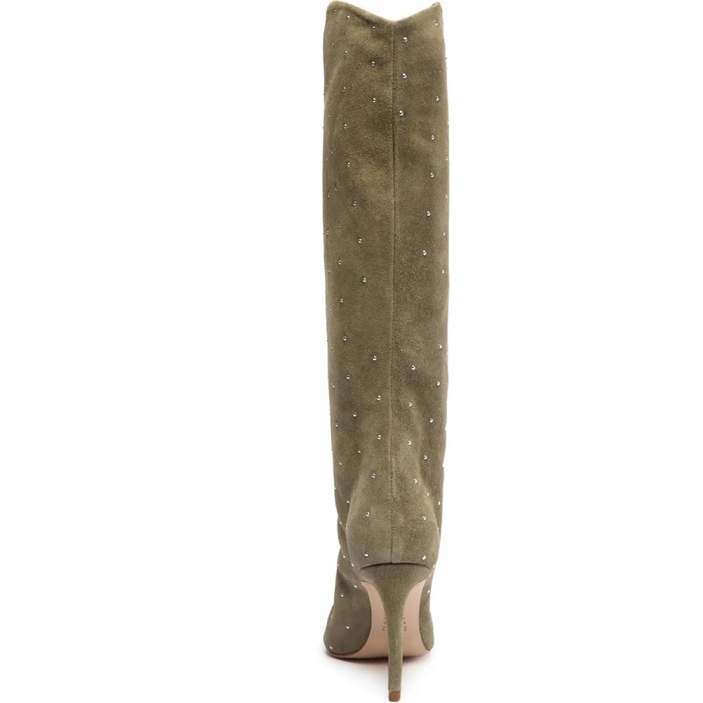 Schutz Olive Green Genuine Leather Embellished Studded Knee High Boots - Picture 3 of 9